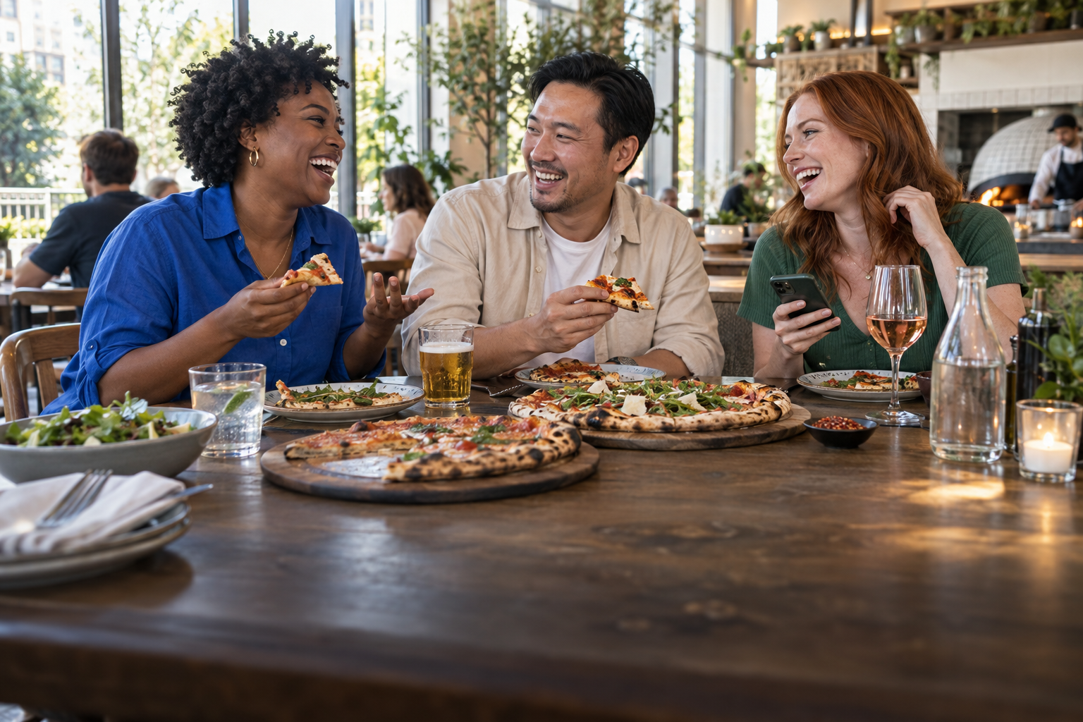 Friends laughing over pizza